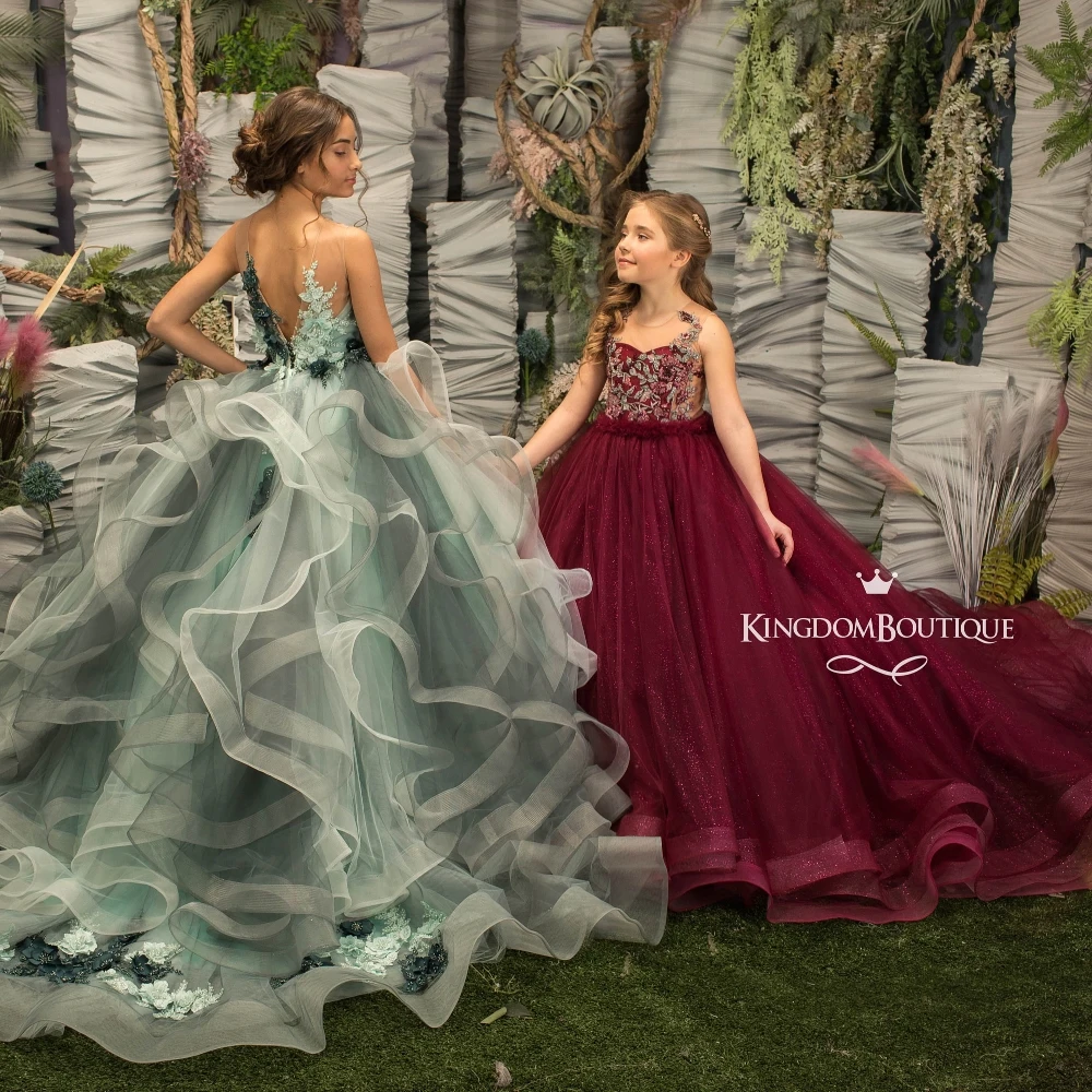 Lorencia-Vestido florido Borgonha para casamentos, apliques florais, vestido Kids Princess Girls Pageant, YFD033