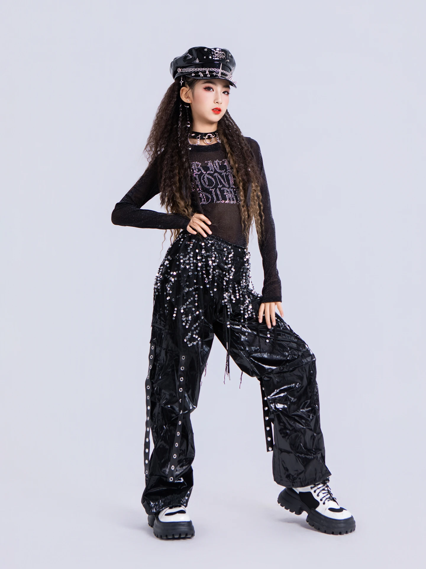 2025 الأطفال الهيب هوب الرقص أزياء مسرحية شبكة القمم بنطال جلدي Kpop وتتسابق للفتيات الجاز الرقص مرحلة الملابس DQS21649