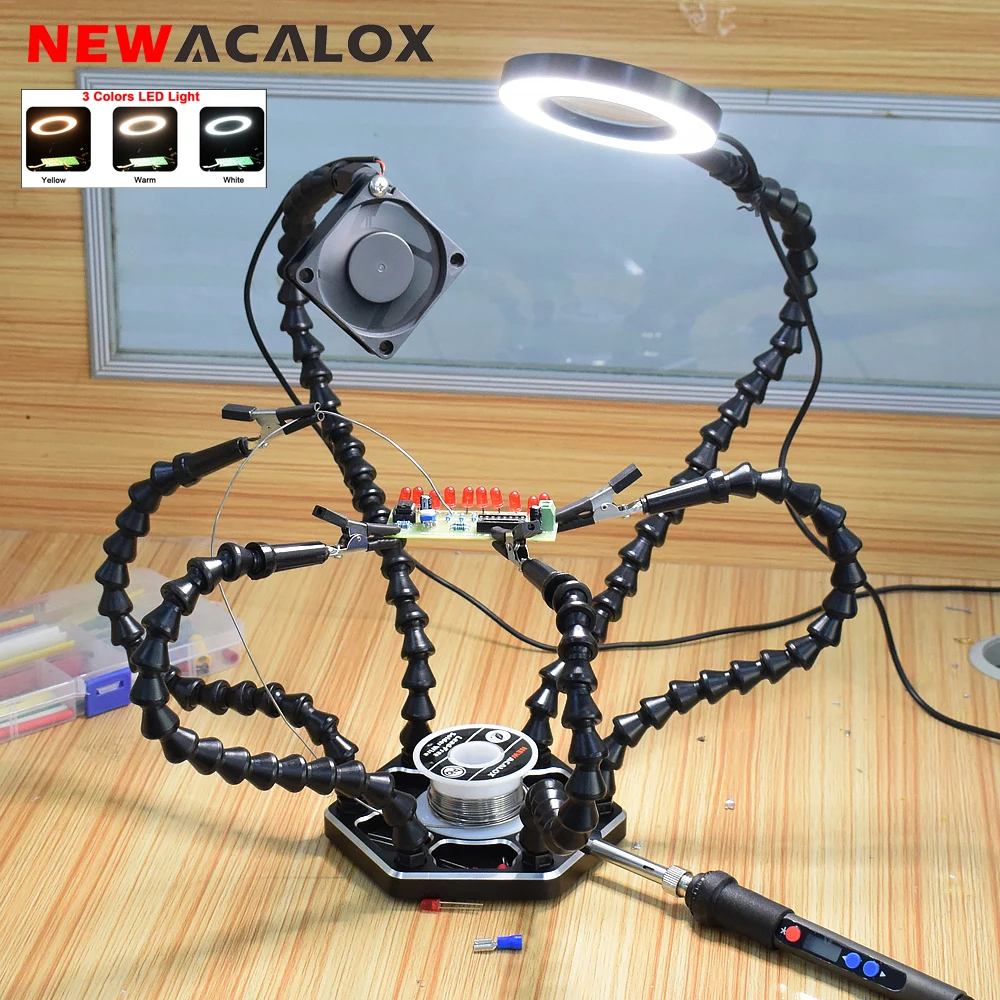 NEWACALOX Helping Hand Soldering Third Hands with 6 Flexible Arms 3X LED Magnifying Glass for Soldering, Assembly, Repair