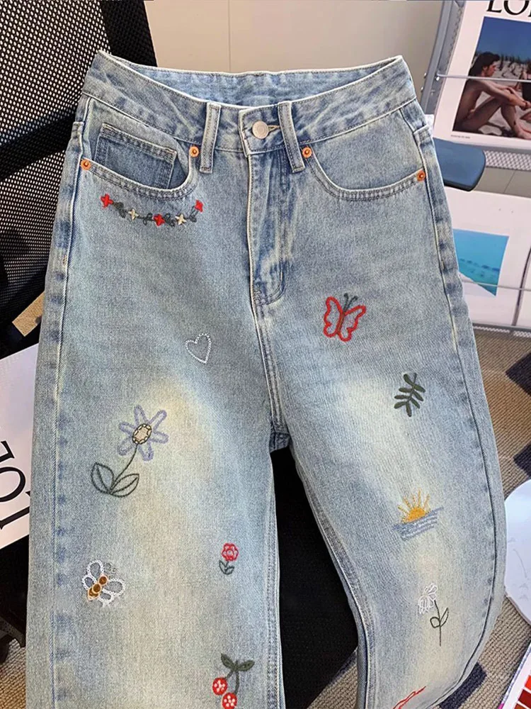 Vintage Embroidered Jeans Trousers For Women Summer 2024 New Korean Fashion High Waist Straight Retro Casual Denim Pants