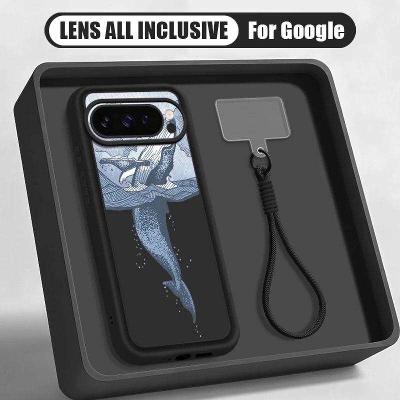 

Humpback Whale Print Wrist Strap Lanyard Case For Google Pixel 10 9 8 7 Pro 9A 8A 7A Pixel 9 10 Pro XL Soft Silicone Phone Cover