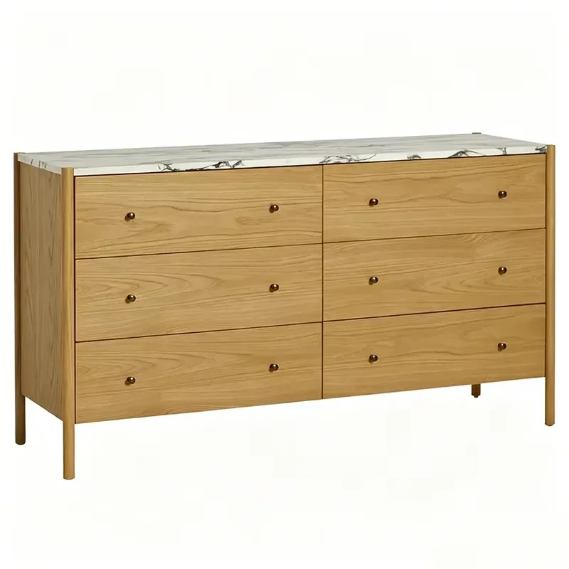 Nordic Style 6-Drawer Chest Drawers Marble Top Modern Light Oak Bedroom Living Room Dresser Storage Cabinet Solid Wood