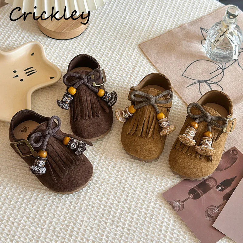 

Bow Tassel Solid Girls Flats Shoes PU Leather Buckle Children Fashion Shoes Hook Loop Soft Anti Slip Kids Shoes