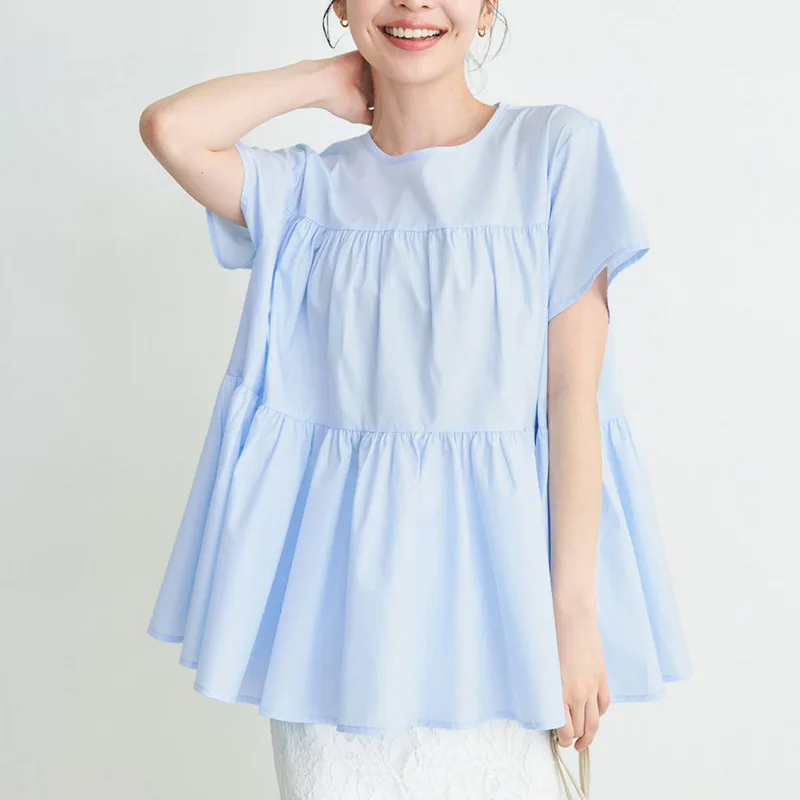 일본과 한국의 새로운 스타일 여성 여름 셔츠, 순면, 고급스러운 느낌, 루즈핏, 단색, 체크무늬, 러플 엣지