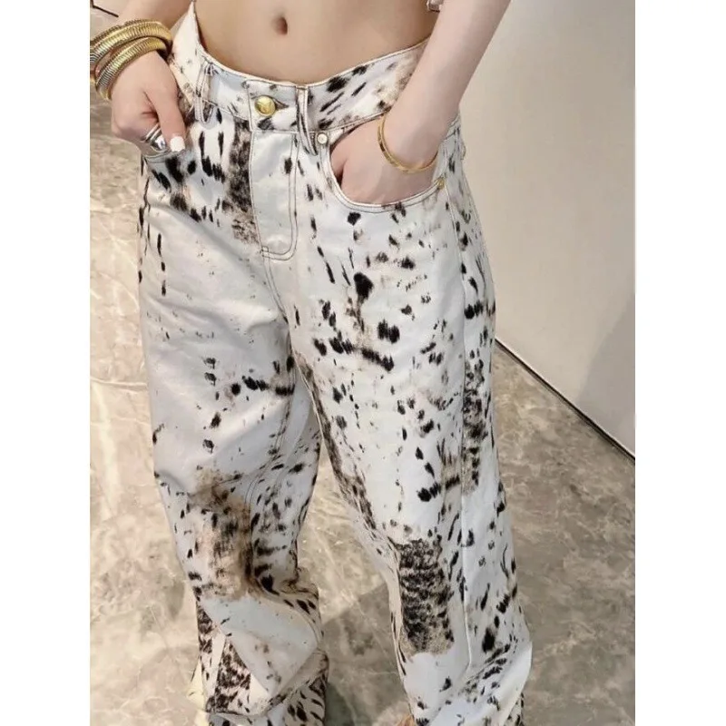 

Y2K Printing Wide Leg Pants Fashion Hip Hop Vintage Straight Summer Trousers Women White Jeans Contrasting Colors High Waist