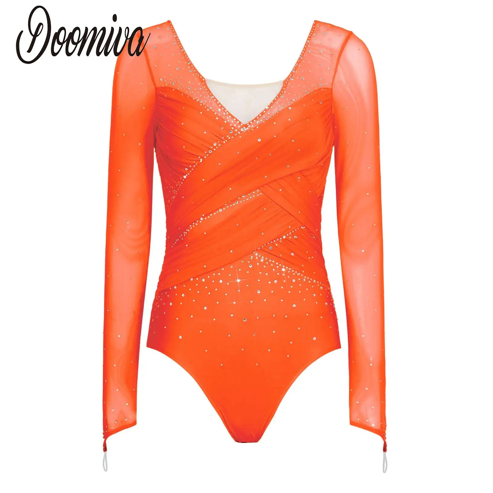 女性用アスレチックダンスバレエジャージーレオタード、ラインストーン付きシアーメッシュボディスーツ、体操、フィギュアスケート競技、ダンスウェア