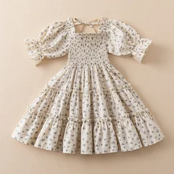 Kids Girl Summer New Puff Sleeves Dress Flower Print Princes Dresses Kid Daily Comfortable Casual Clothes for Children Girl 3-8Y