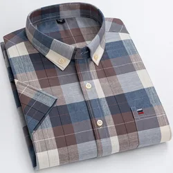 6XL 7XL Men's short sleeved shirt Summer 100% cotton Oxford fashion plaid high quality breathable pocket free iron plus size new