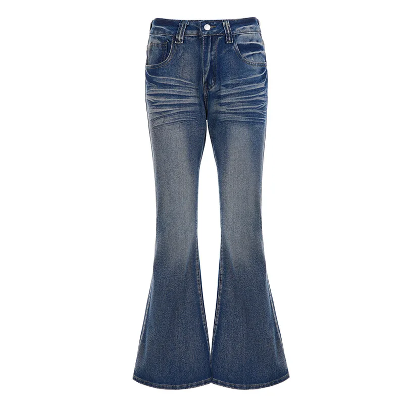 Jean en denim délavé rétro vintage pour femmes, pantalon évasé taille basse, coupe slim, amincissant, épicé, pour filles