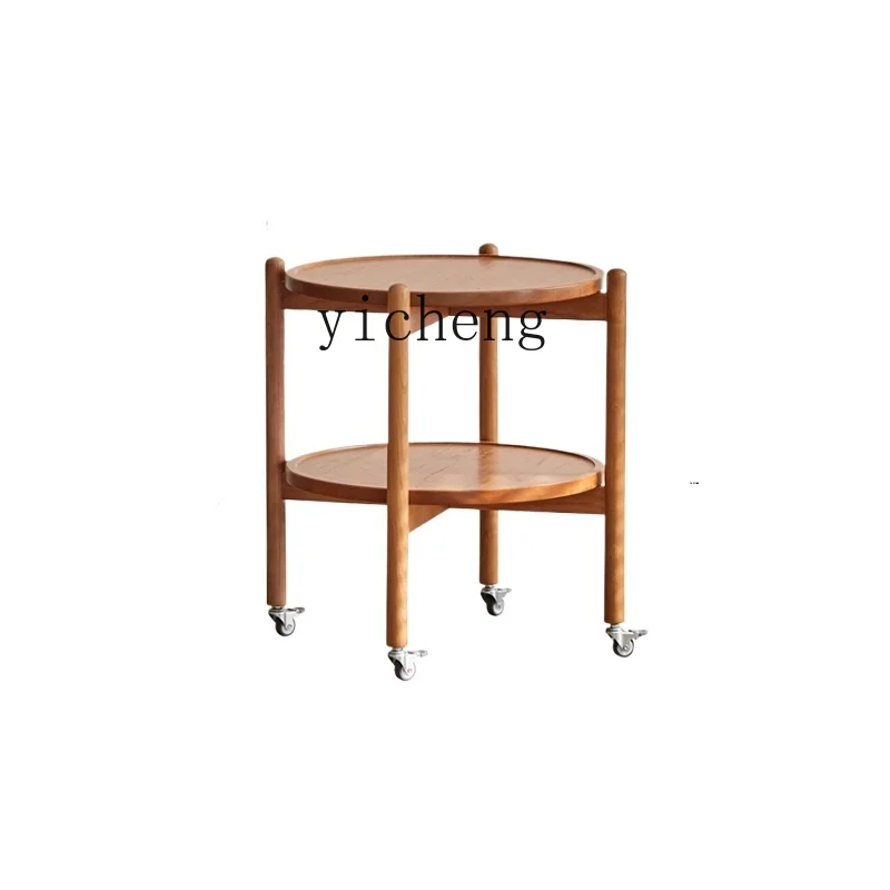 TQH solid wood trolley cherry wood small apartment living room sofa side few round coffee table movable with wheels