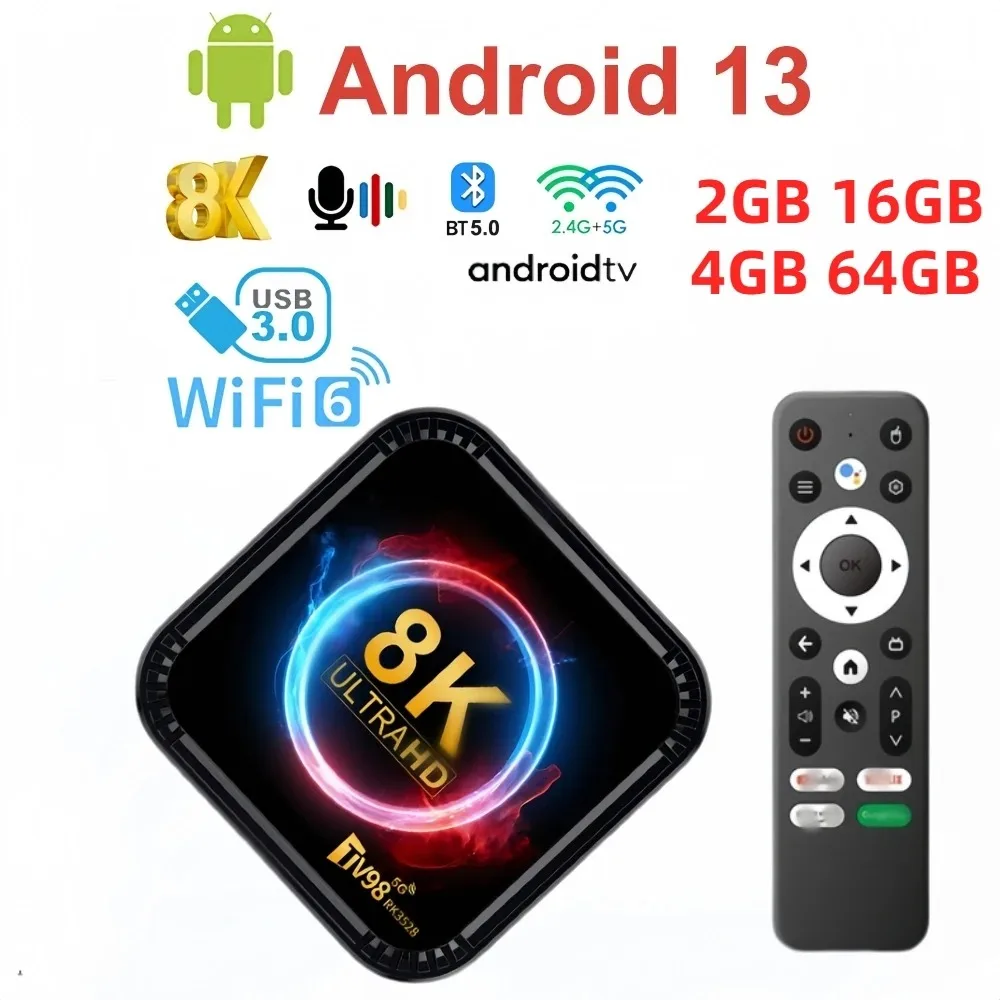 Android 13 TV Box USB3.0 WIFI6 ATV 8K RK3528 Quad Core 2.4G&5G Dual Wifi BT 5.0 Voice Remote Control Media Player 4K Set Top Box