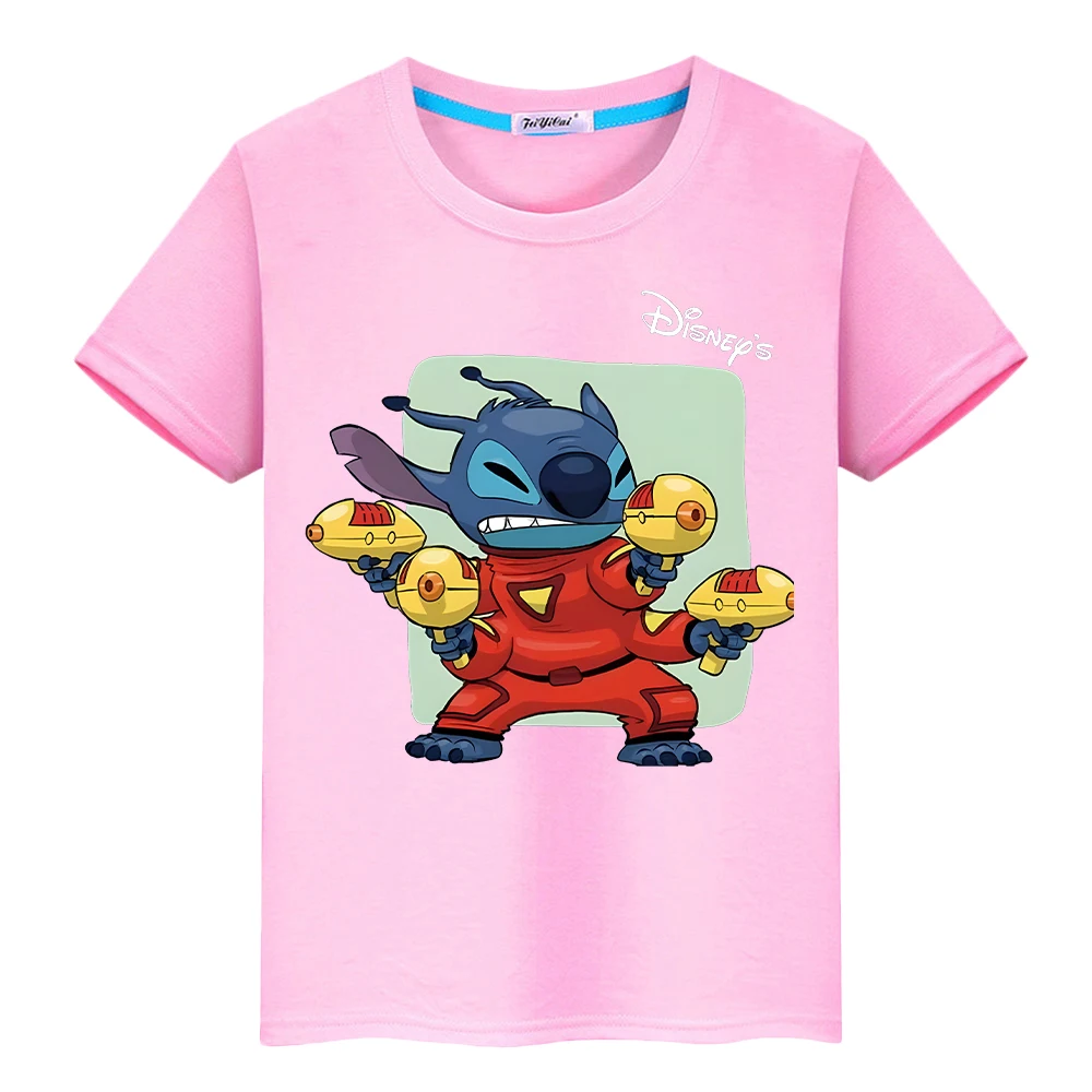 Stitch disney impressão 100% algodão t camisa para crianças menino 10 anos bonito curto casual topos anime t y2k uma peça crianças roupas meninas