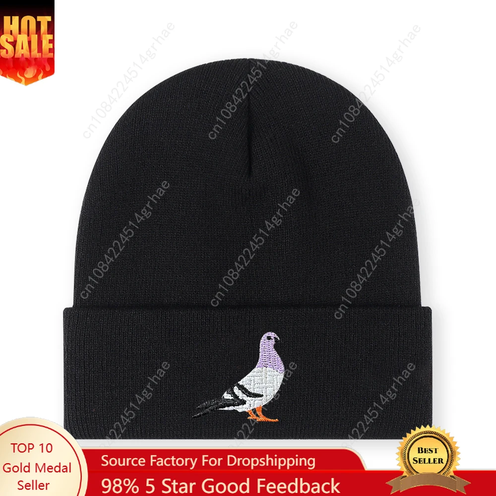 

1pc'pigeon' Embroidered Beanie Soft Stretchy Lightweight Winter Hat for Men & Women, Outdoor Hip Hop Fashion