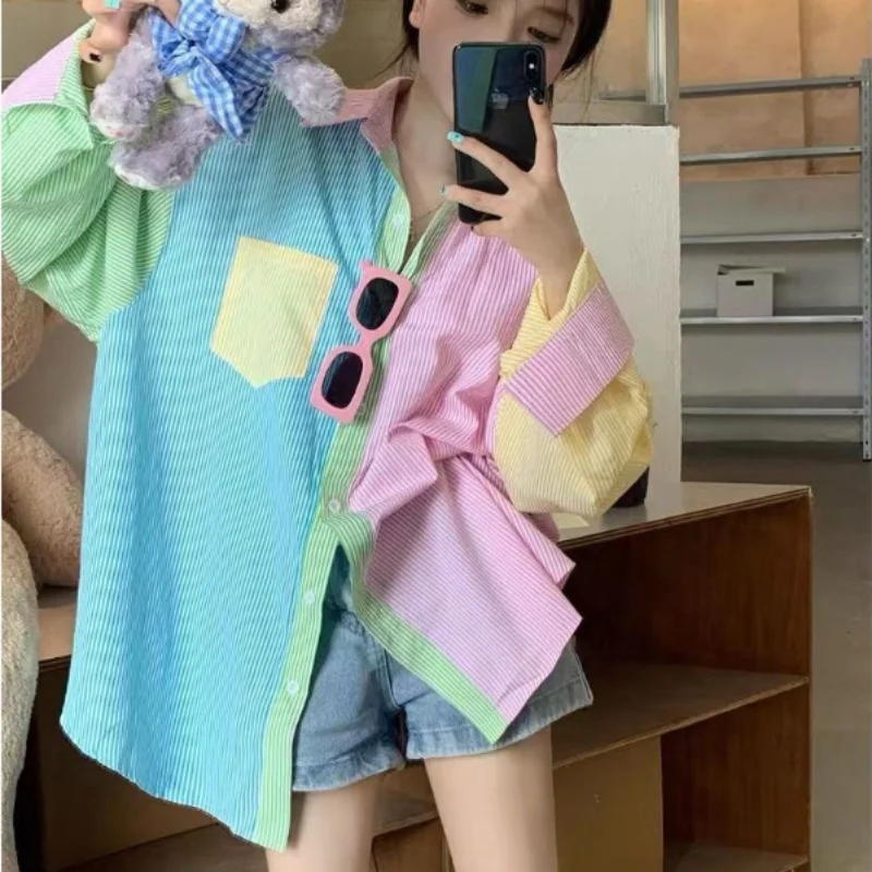 

XEJ Spring Summer Women's Blouse Kawaii Shirt Korean Sweet Candy Color Patchwork Striped Long Sleeve Tunic Beautiful Tops