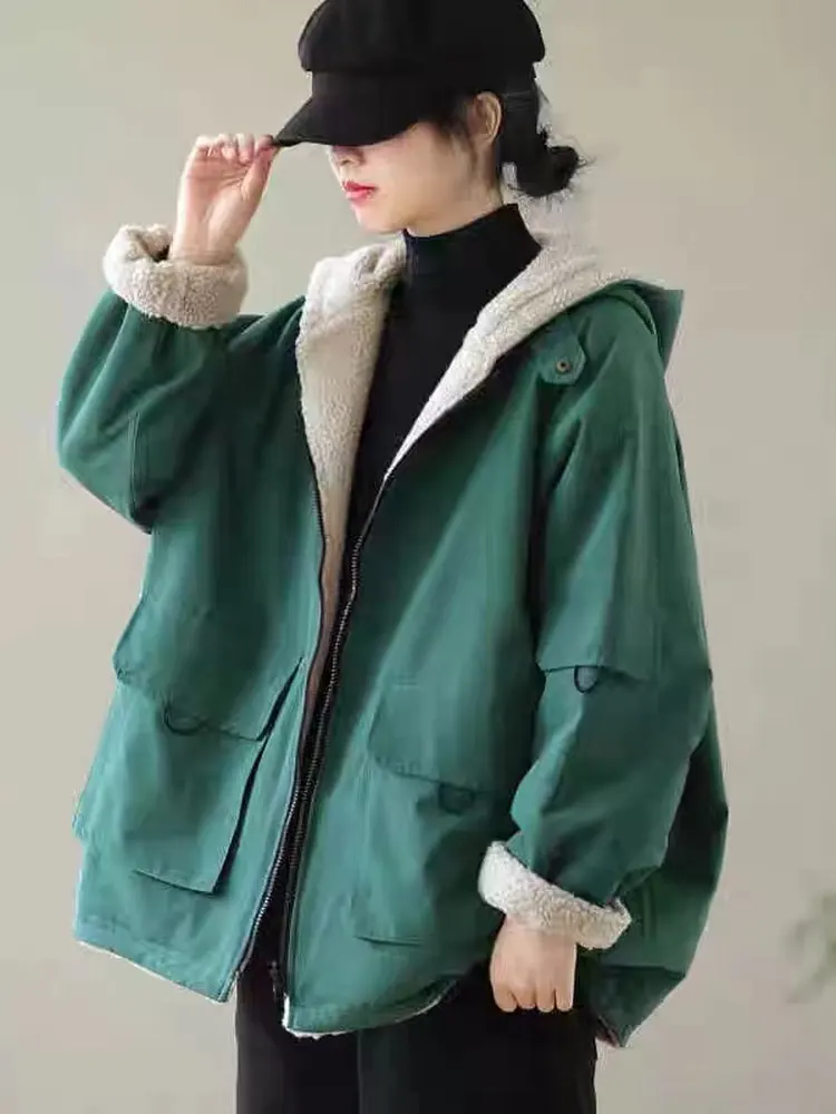 Plus Size Damen Lose Künstlerisch Retro Lange Sve Kapuze Warme Oberbekleidung Winterkleidung Neue doppelseitige Kleidung Lammsamt Kinderbett...