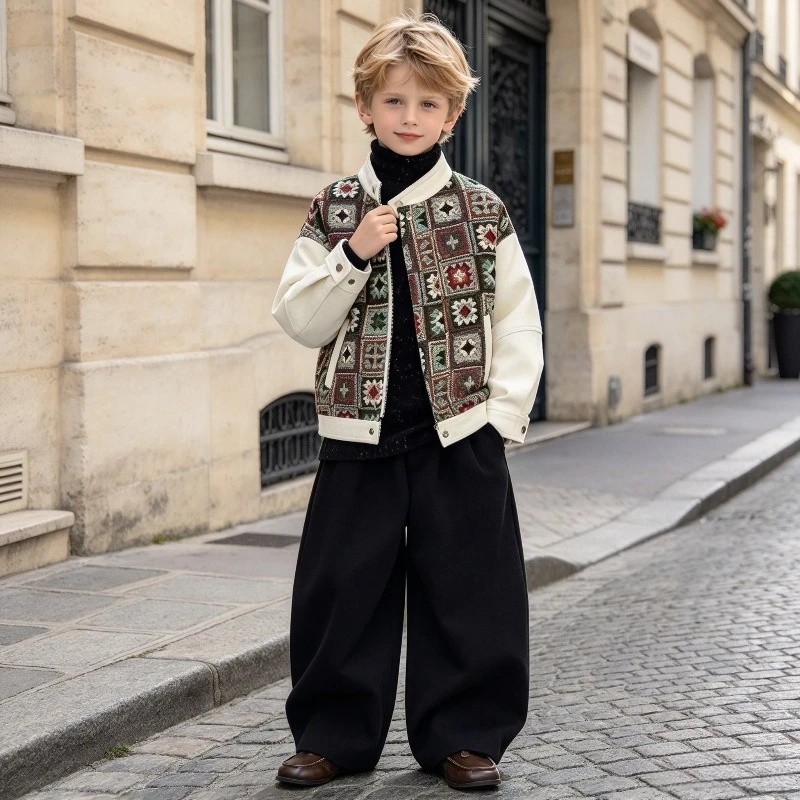 Boys Clothes Set Kids Beige Embroidered Patchwork Jacket PU Leather Splicing Black Wide Leg Pants Children Fashion Outfit 2-14Y