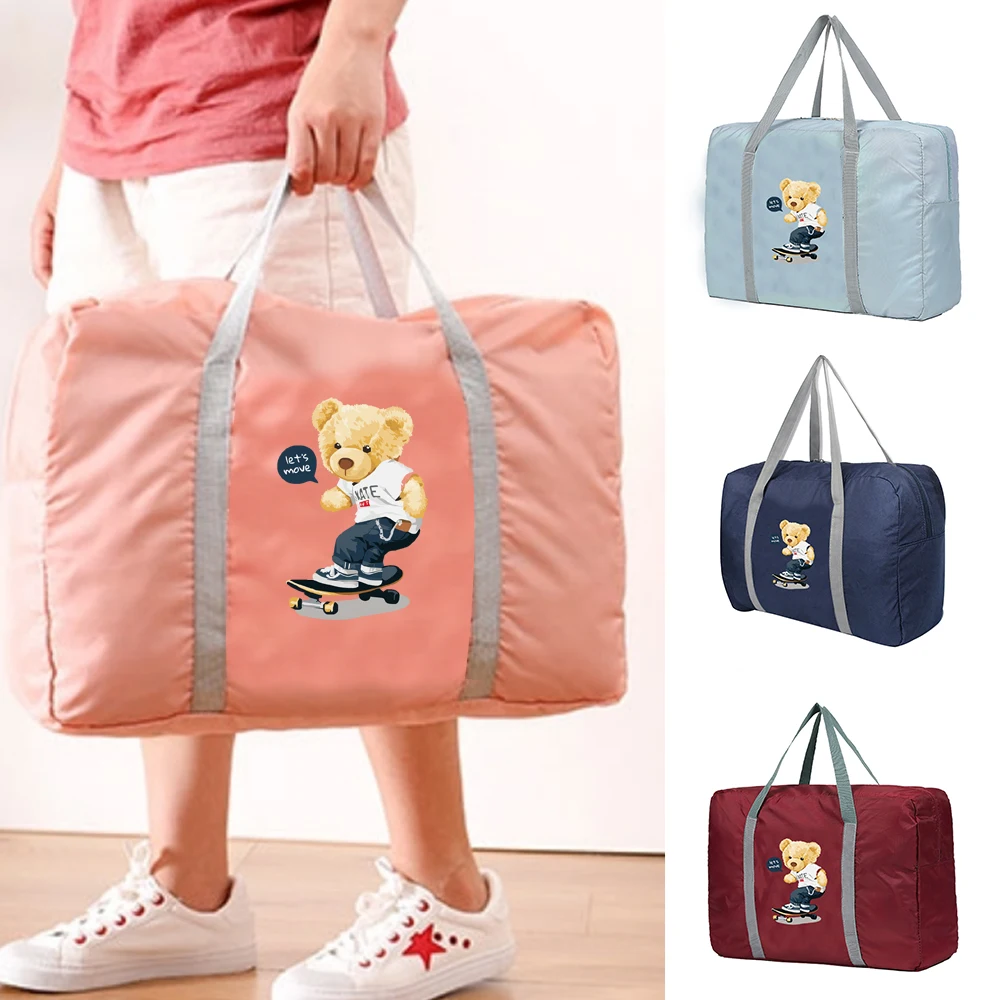 Bolsas de viaje plegables, organizador de bolsos para mujer, bolso de equipaje para hombre, bolsa de almacenamiento de ropa Unisex, bolsa de lona con patrón de oso para monopatín