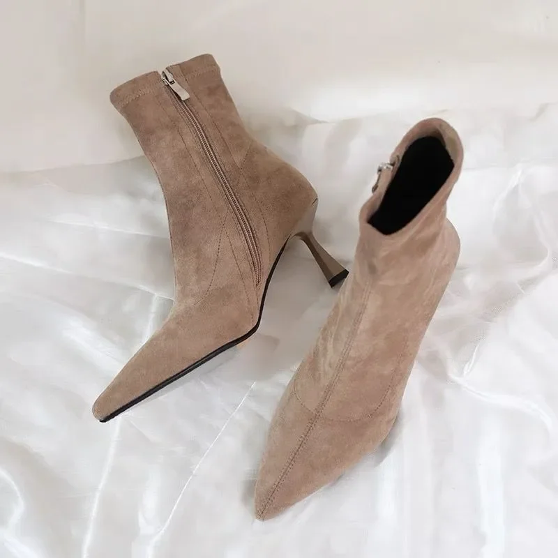 Pointed Toe Fleeces Women Sock Boots Fashion Side Zippers Shoes Autumn Winter High Heel Women's Morder Short Booties