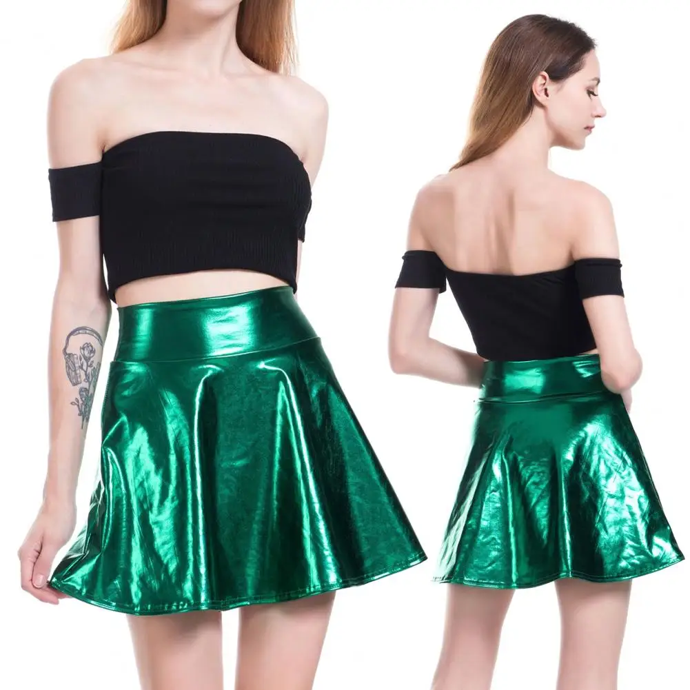 Glossy Surface Mini Skirt Stylish High-waisted Mini Skirts for Women Glossy Surface A-line Hem Skater Skirt Solid for Stage