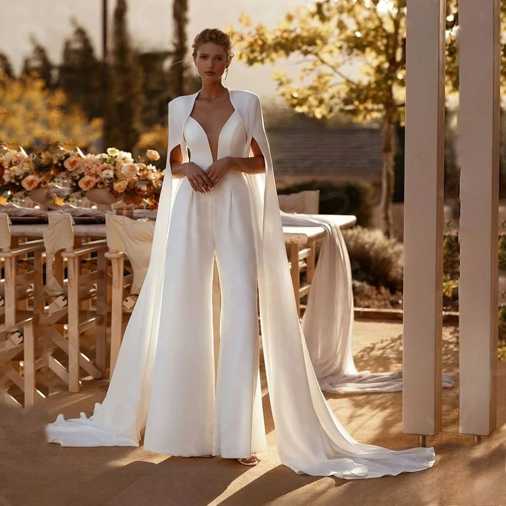Customized Two Pieces Wedding Dresses White Pants Suit Bridal Gowns Jumpsuit Bride Dress with Cape Wedding Gowns Back Out