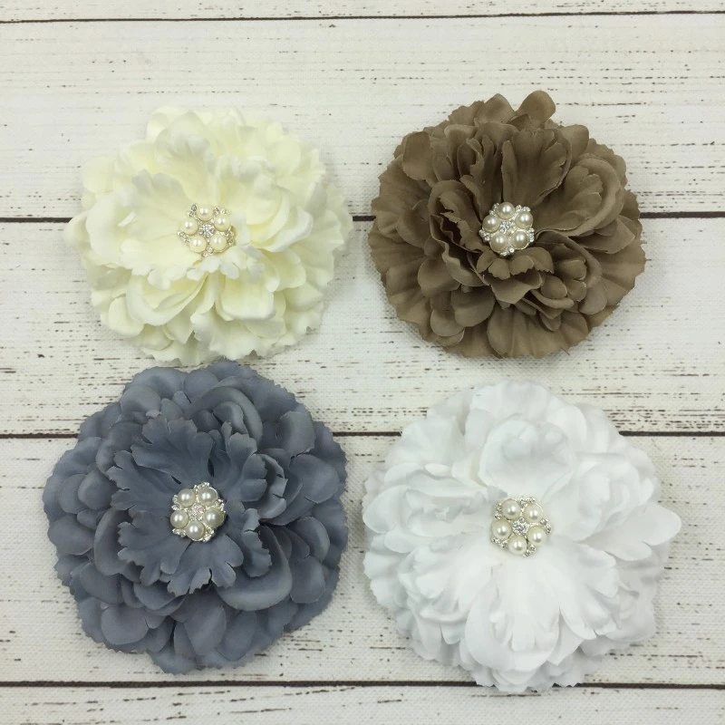 

120 шт./лот, тканевые цветы пиона с блестящими стразами для девочек, для повязок на голову, поделок своими руками, тканевые цветы для аксессуаров для волос, DIY