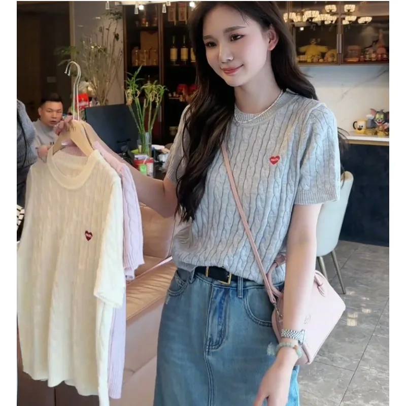 Short Sleeve Knitted T-shirt Women Thin Fried Dough Twists Top Tee