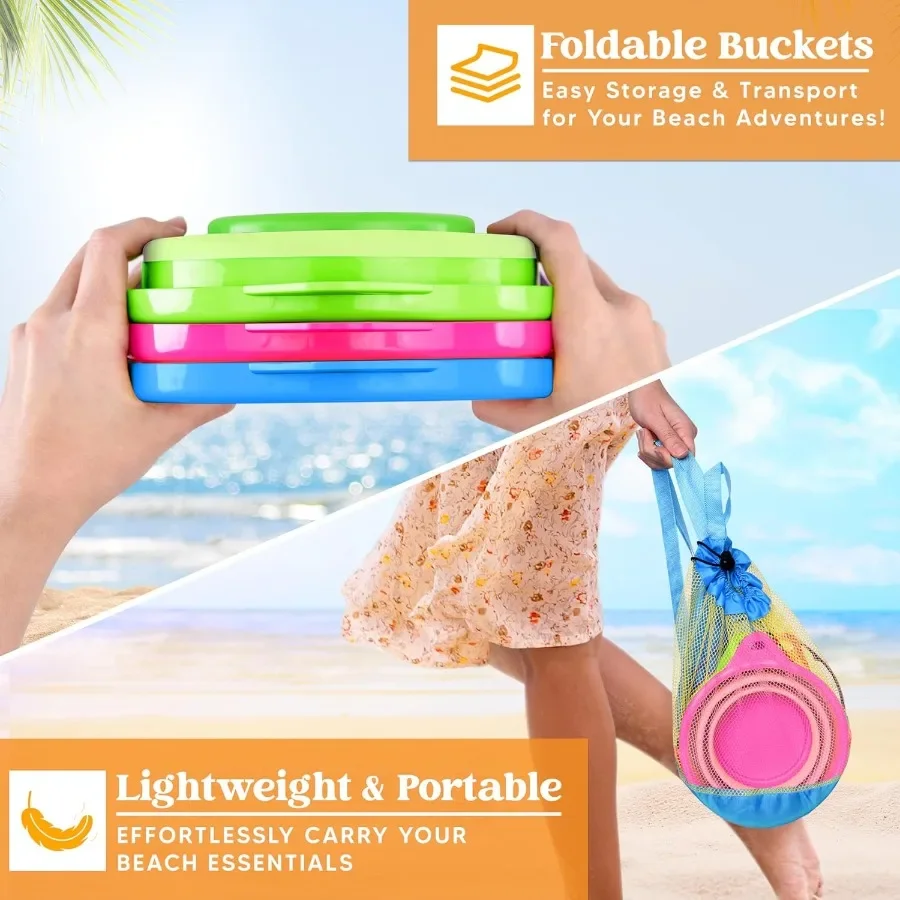 Packs Foldable Pail Bucket with Shovels & Mesh Bag, Collapsible Buckets Multi Purpose for Beach, Camping Gear, Beach Party, Fish