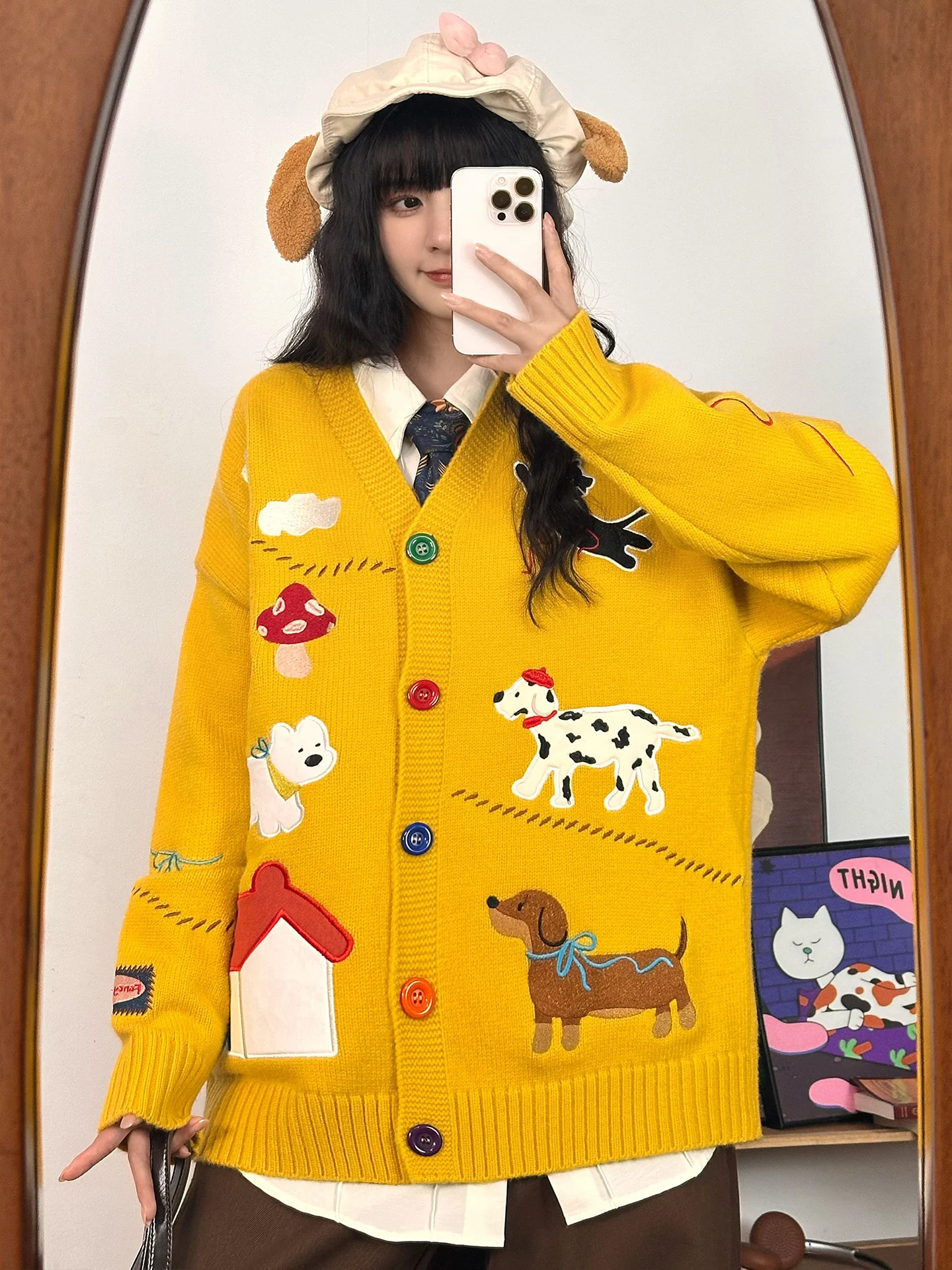 

Retro Cartoon Dog Embroidery Open Cardigan Sweater Women's Loose Knitted Outerwear Trendy Autumn New Sle Street Sle