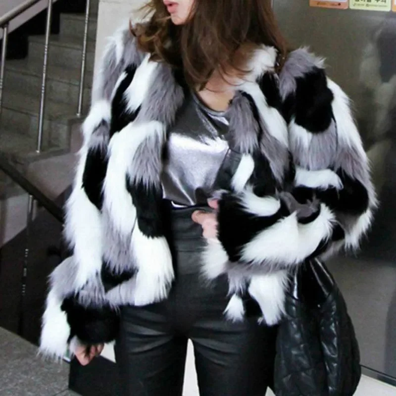 2024 Large Women\'s Warm Faux Fur Coat 6XL Winter Fashion Coat Jacket Camouflage Patchwork Retro Jacket