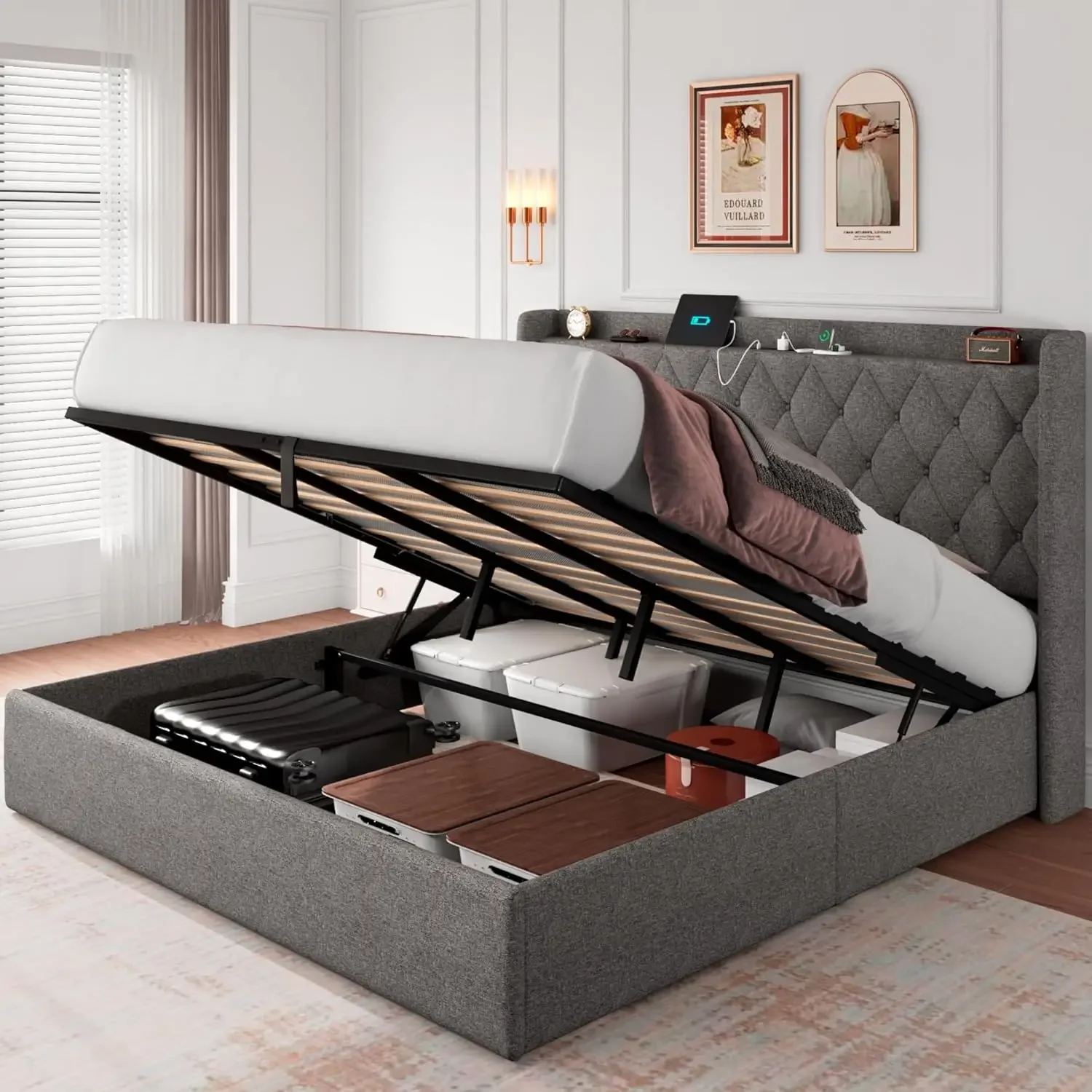 King Size Lift Up Storage Bed Frame with Charging Station, Upholstered Platform Bed Frame with Tufted Headboard