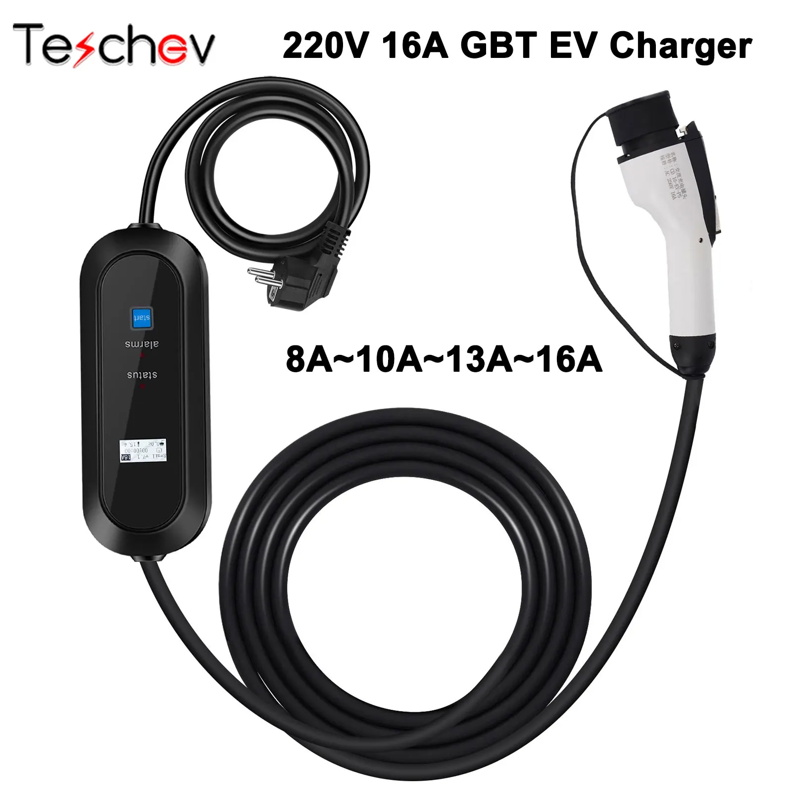 Teschev Electric Car Vehicle GB/T Portable EV Charger 3.5KW Wallbox 8/10/13/16A Switchable GBT EVSE Charging Cable Schuko Plug