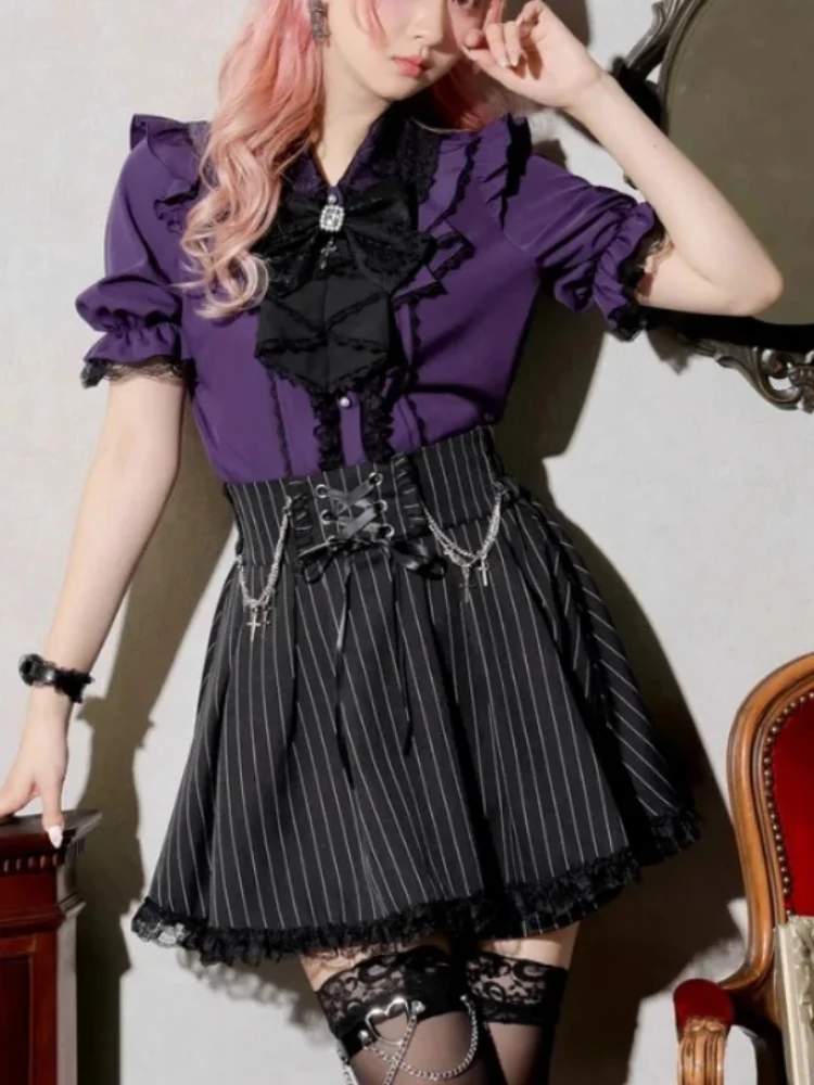 Nowa kolekcja damska bluzka/top w stylu japońskim, słodka, koronkowa, urocza, z rozcięciem, kokardką i krótkim rękawem.