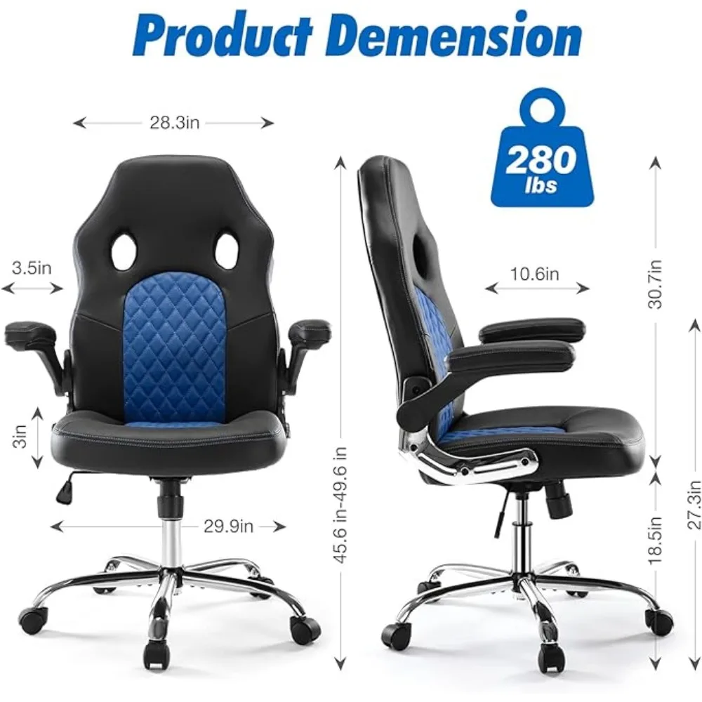 Kursi Gaming, kursi meja kantor ergonomis dengan sandaran tangan flip-up dan penopang lumbar kulit PU kursi Kantor Eksekutif