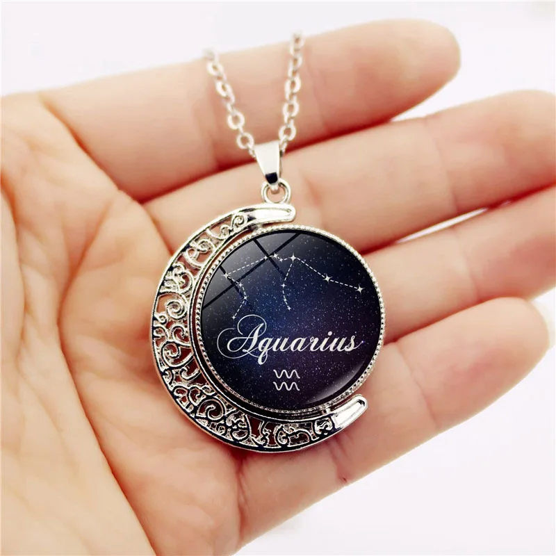 12 Constellation Necklace For Women 360 Degree Double Sided Rotating Moon Pendant Sweater Chain Creative Gift For Family Friends
