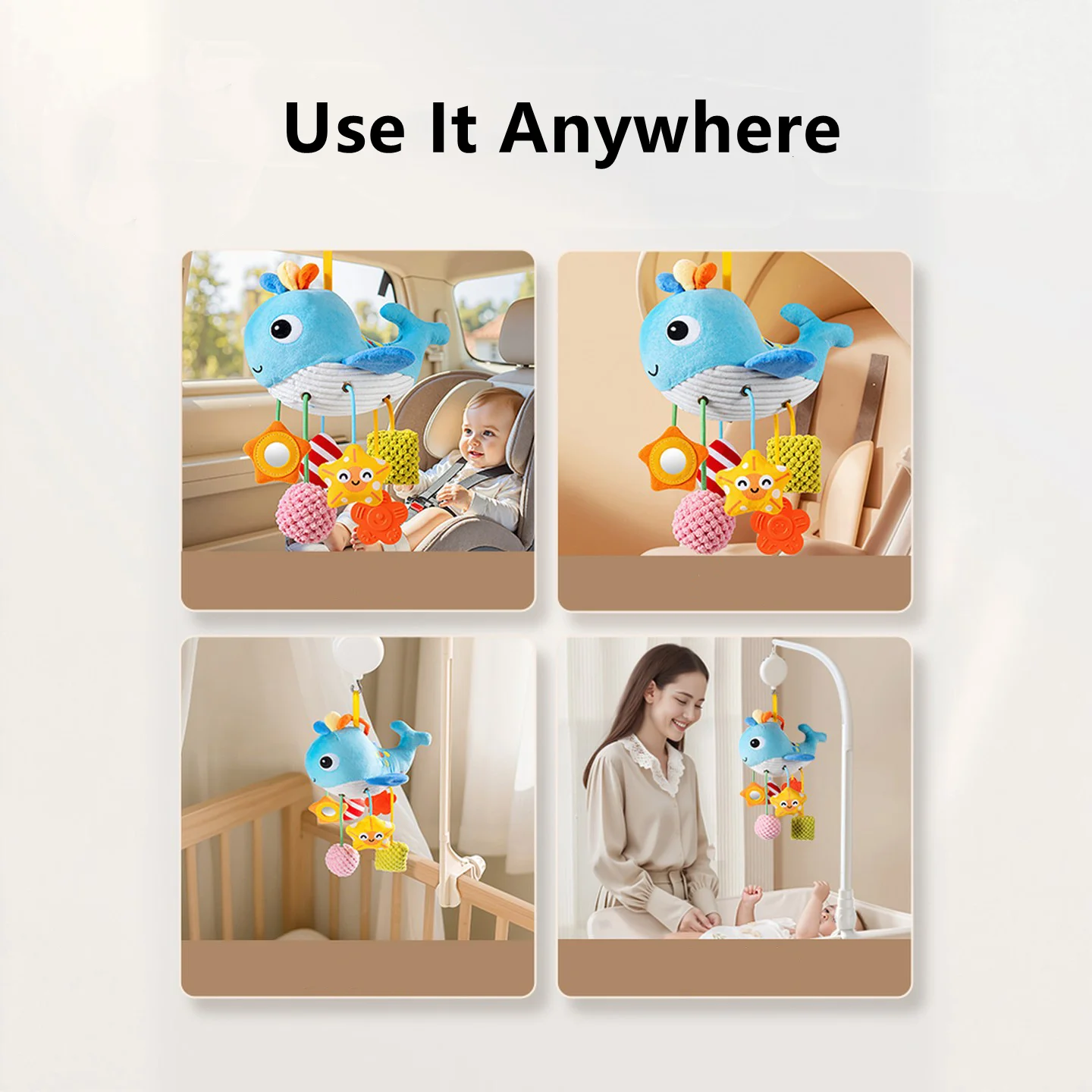 Baby Crib Mobile w/ Built-in Bell Crinkel Fabric Textured Attchments Silicone Teether Magic Mirror Educational Stroller Toys