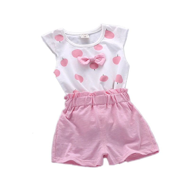 

Children's Cotton Sleeveless Suit 2024 Summer Girls Summer Clothes 0-4 Years Old Bow T-Shirt + Shorts Trendy Clothing