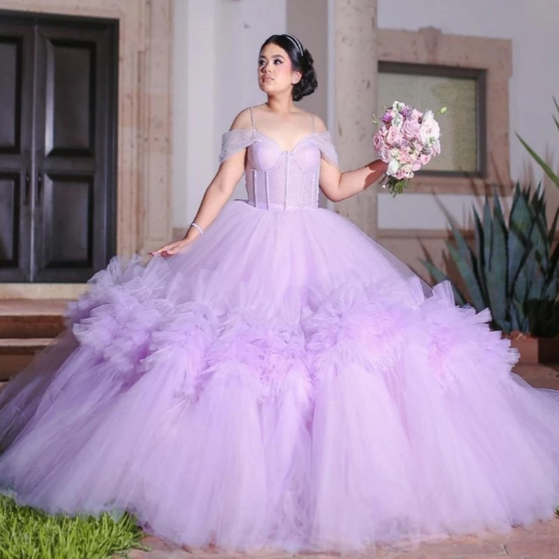 

Light Lilac Quinceanera Dresses Off The Shoulder Beads Tiered Tull Party Birthday Ball Gown Vestidos De 15 Anos Sweet 16 Dress
