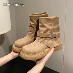 Matte Patent Leather Lace Up Fashion Boots Women Shoes New Retro Motorcycle Short Boots Thick Bottom Work Boots