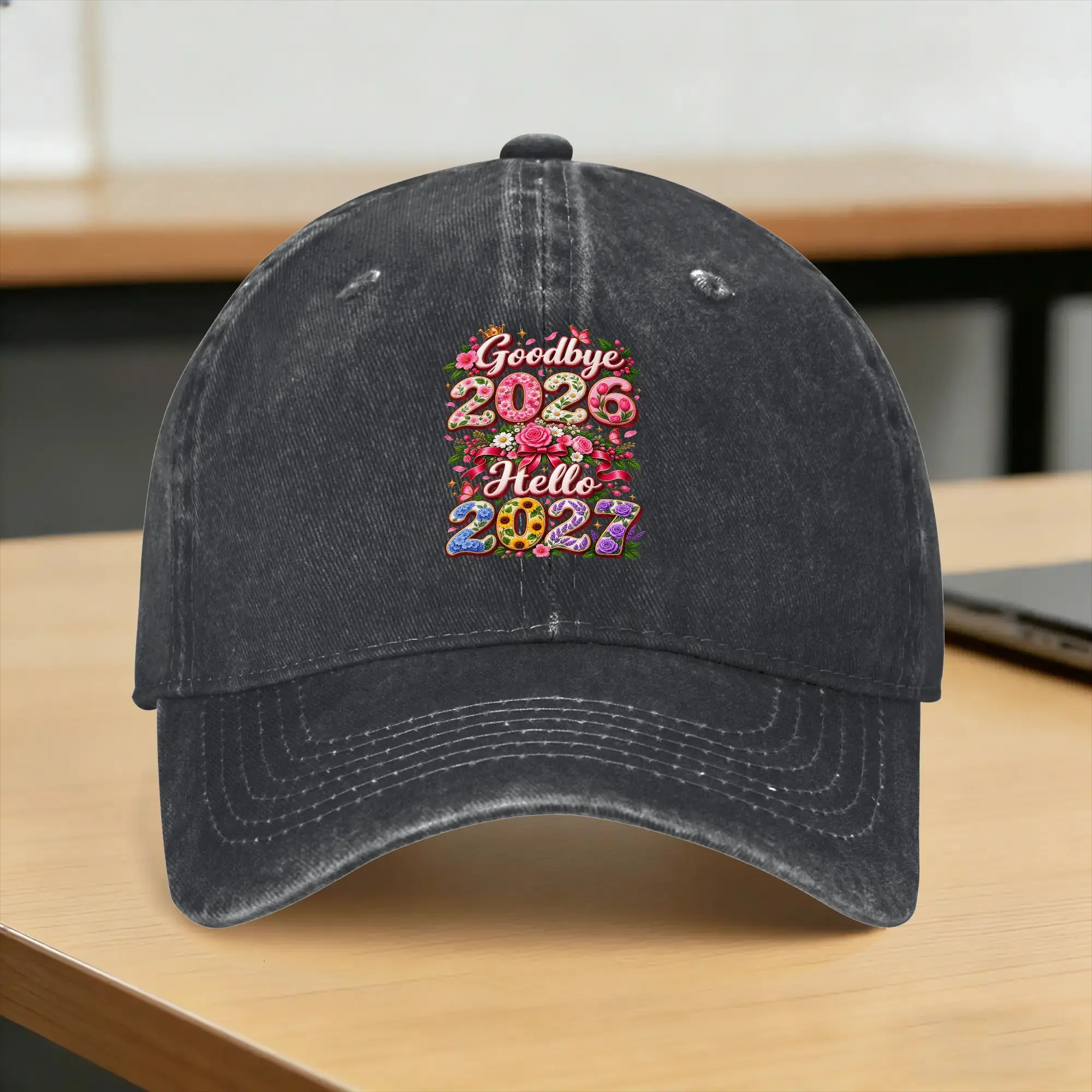 Happy New Year 2027 Floral Goodbye 2026 Hello 2027 Sun Baseball Cap  Fashion Unisex-Teens Washed Hip Hop Hats Sunscreen