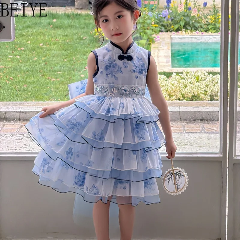 Chinese Style Baby Girls Dress Sleeveless Floral Print Ruffle Tulle Cake Dress Back Bow Kids New Year Princess Cheongsam Gown