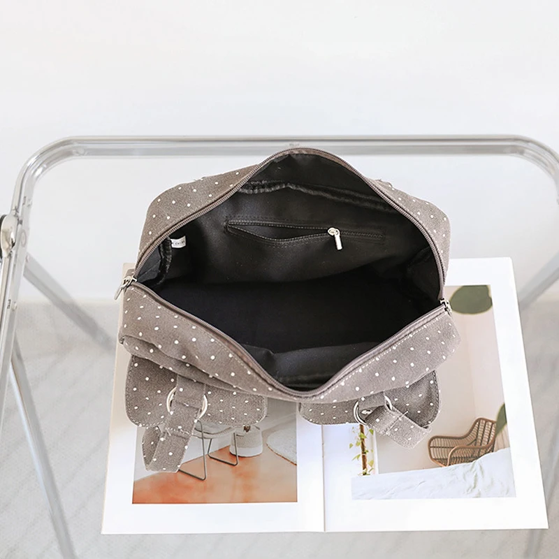 Mehrfach-Taschen-Schultertasche mit Polka Dots, Damen-Canvas-Tragetasche, Koreanische Lässige Süße Niedliche Pendler-Einkaufs-Reisetasche – Detail 4