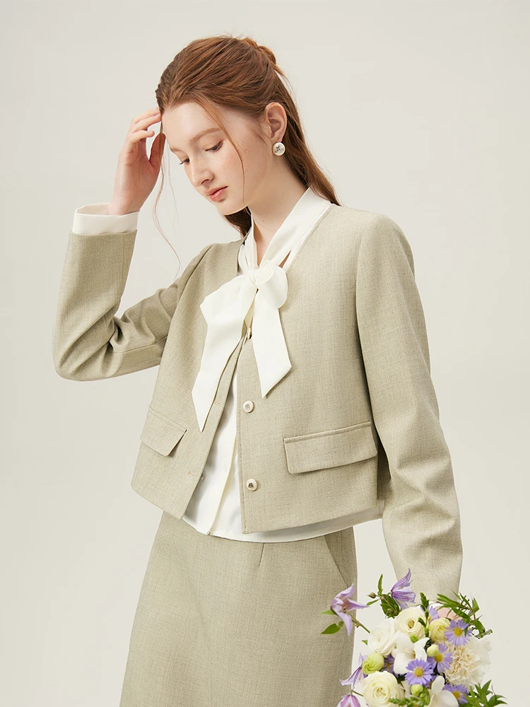 FSLE Fake Two-piece Women Green-gray Skirt Set White Bow Neckline Short Style Coat Back Elastic Waist Skirt 24FS11187+24FS11186