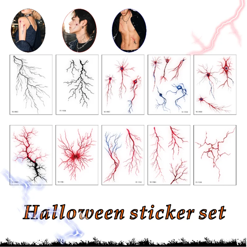 Halloween Temporary Tattoo Stickers Lightning Vein Blood Vessel Pattern Waterproof Body Art Decals Party Cosplay Costume Accesso