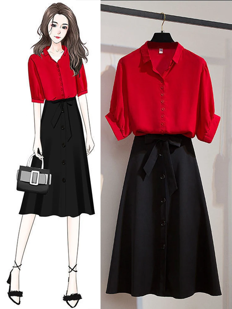 

Комплект из юбки миди с высокой талией для женщин больших размеров, красный цвет, утягивающий и возрастной летний осенний наряд