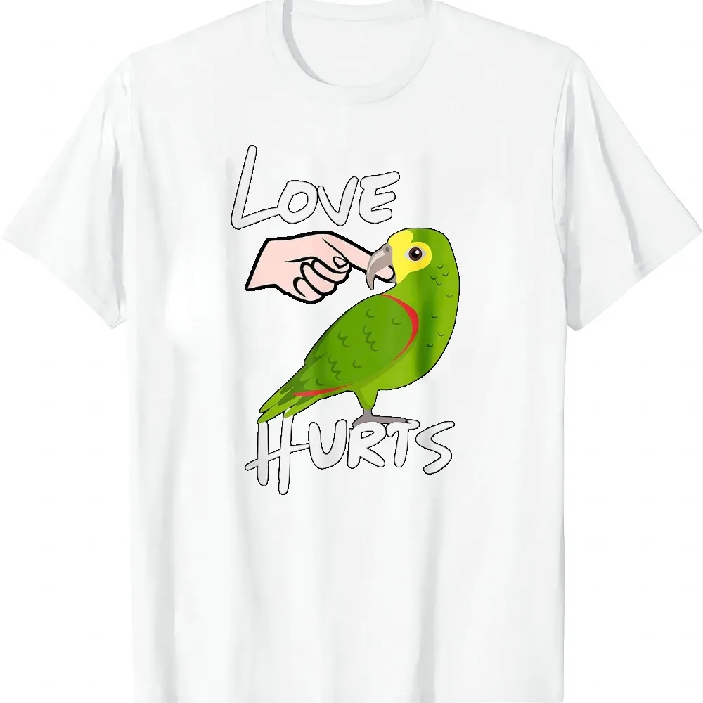 Love Hurts Yellow Head Amazon Parrot T-Shirt Valentine's Day T-Shirt Funny Streetwear Clothing Men and Women Short Sleeves