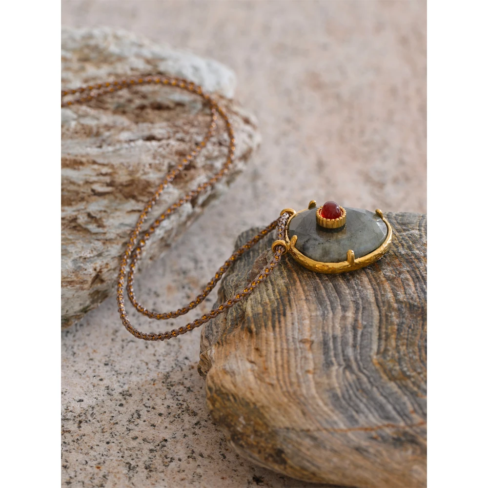 Yhpup Natural Spectrolite Agate Stone Oval Pendant Necklace For Women Golden Stainless Steel Exquisite Fashion Jewelry_maomaolike.com