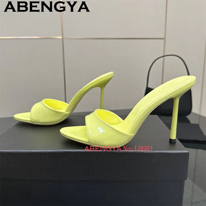 

ABENGYA лакированные кожаные тапочки с открытым носком на тонком высоком каблуке, женские летние пикантные разноцветные модные модельные туфли для вечеринок, Zapatos de Mujer