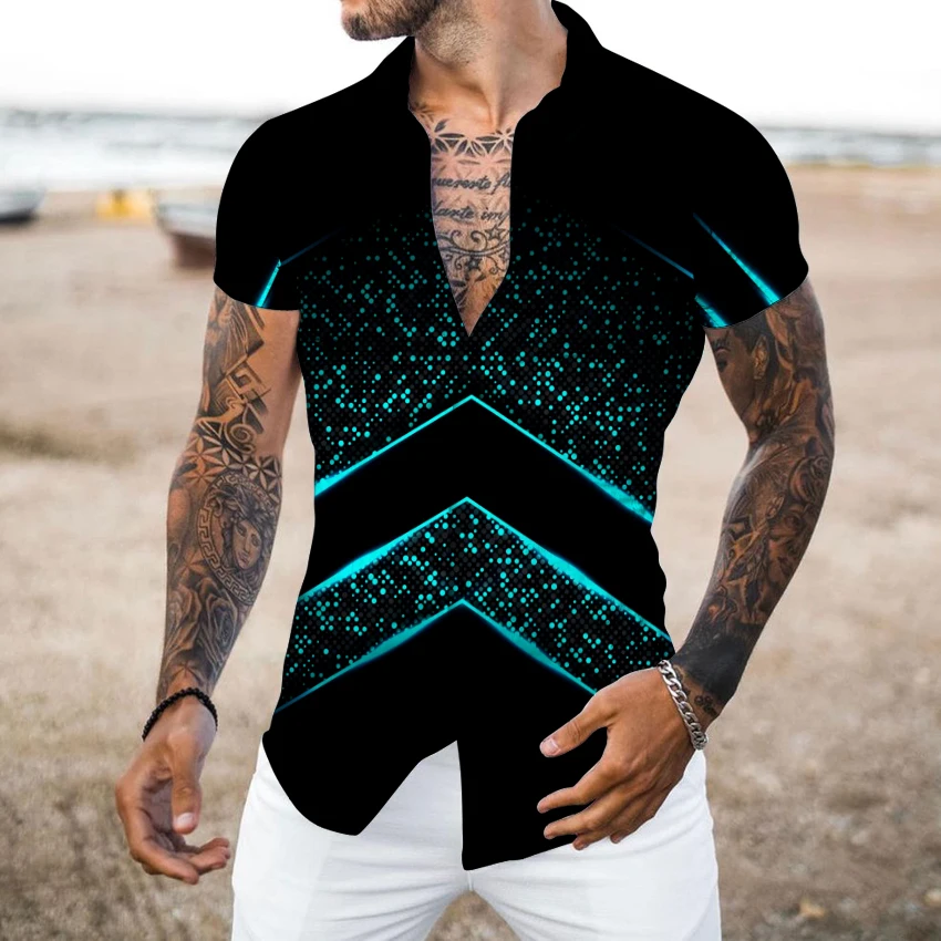 Men\'s Slim Shirt Summer Casual Buttone Turn-down Collar Streetwear Fashion Print Short Sleeve Shirt Mens Clothes US Size S-3XL