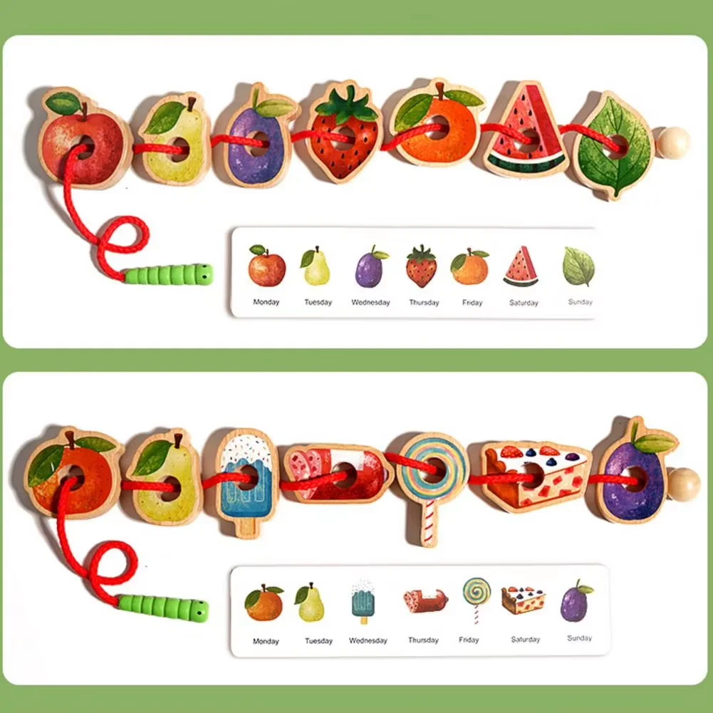 Jogo montessori de contas de laço de frutas e alimentos para crianças pequenas, cor e formato, correspondência cognitiva, treinamento de habilidades motoras finas