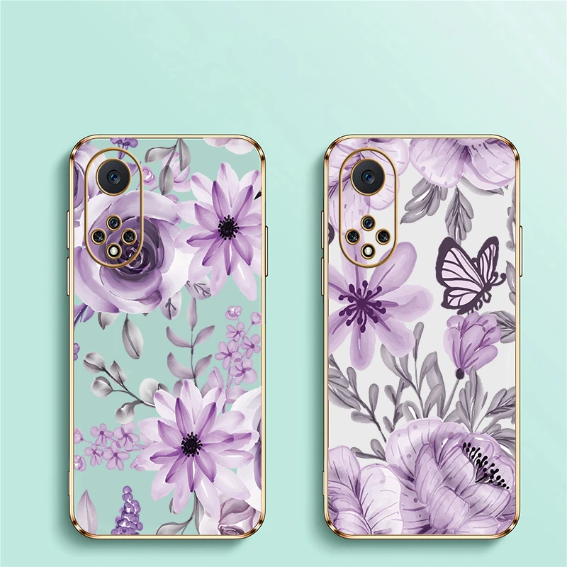 Custodia per telefono in silicone con protezione dell'obiettivo per Huawei Nova Y70 Plus 9 7i 5T 5i 8i 7 6 SE 3i 4e placcatura antiurto con stampa floreale
